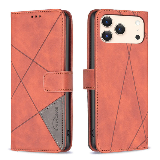 For iPhone 17 Pro Max Phone Case BINFEN COLOR Wallet Stand Geometry Imprinted Leather Cover - Brown