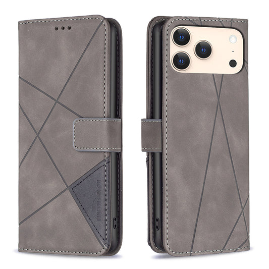 For iPhone 17 Pro Max Phone Case BINFEN COLOR Wallet Stand Geometry Imprinted Leather Cover - Grey