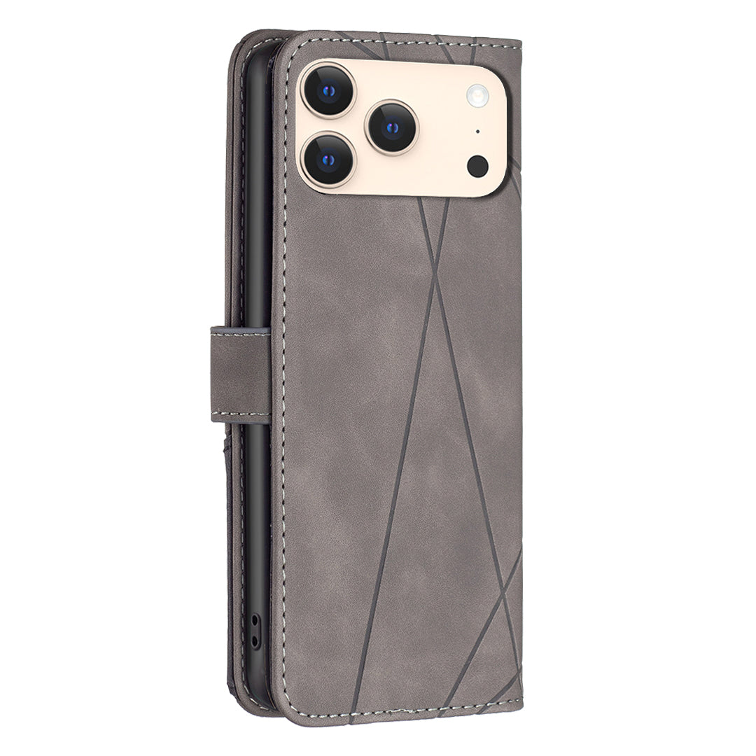 For iPhone 17 Pro Max Phone Case BINFEN COLOR Wallet Stand Geometry Imprinted Leather Cover - Grey