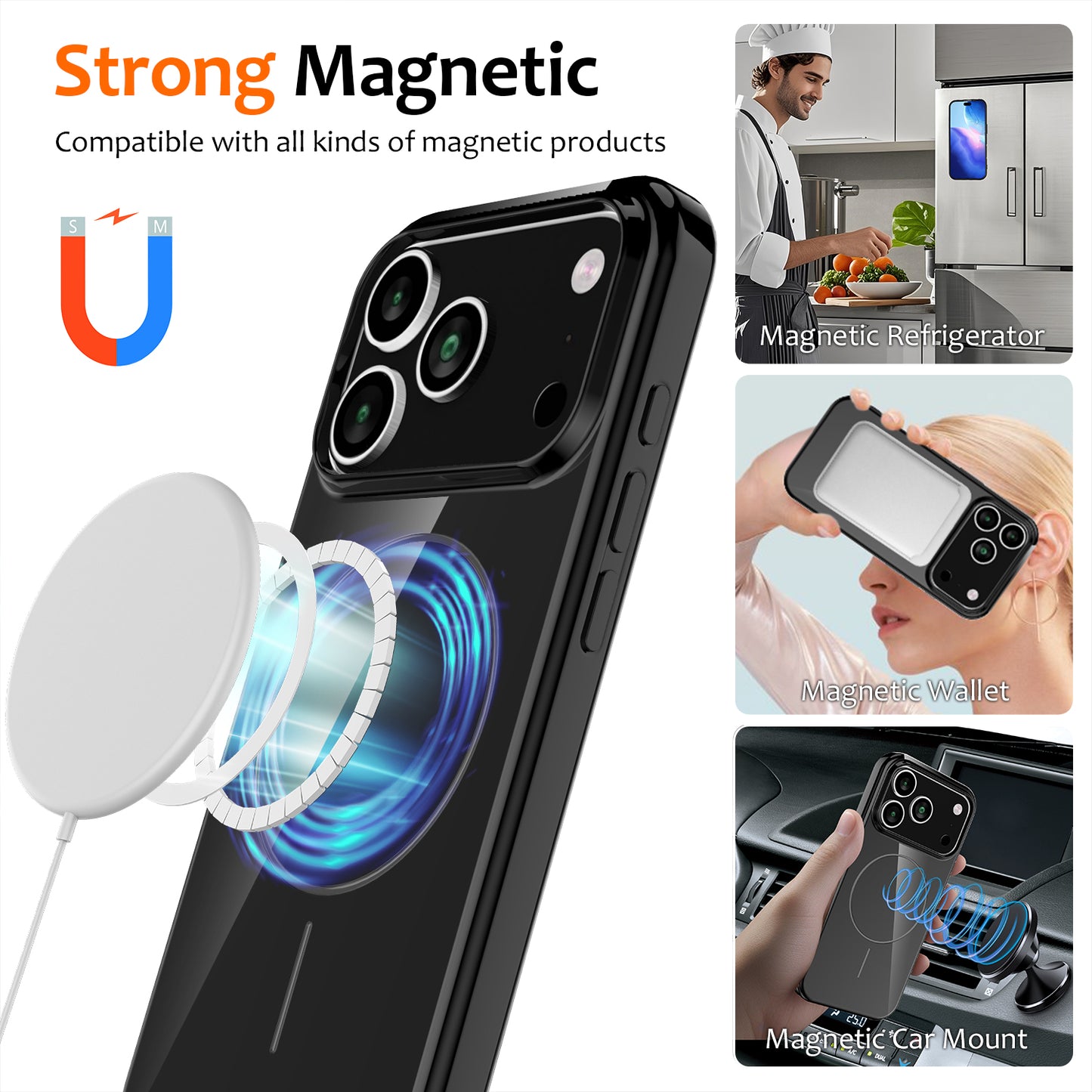 For iPhone 17 Pro Max Magnetic Case Compatible with MagSafe TPU Phone Back Cover with Lanyard - Black