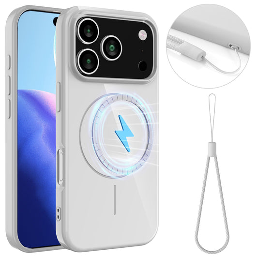 For iPhone 17 Pro Max Magnetic Case Compatible with MagSafe TPU Phone Back Cover with Lanyard - White