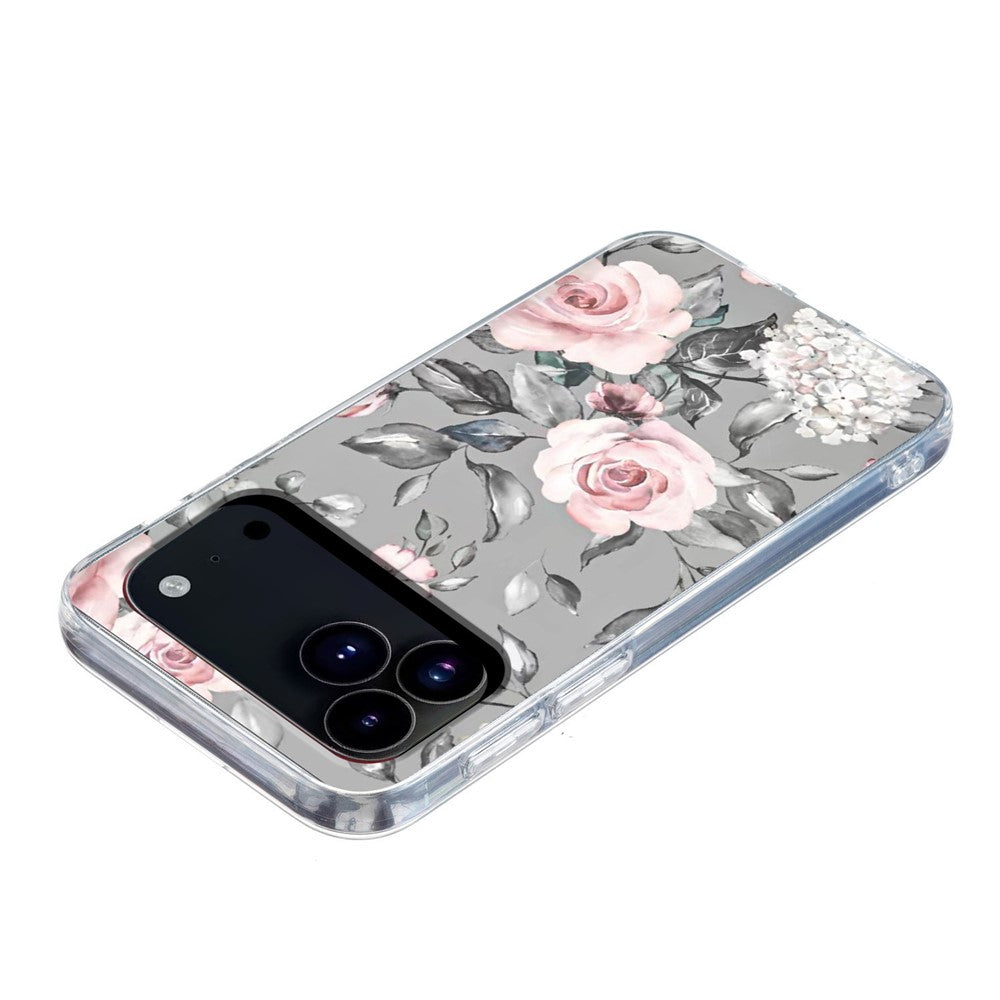 For iPhone 17 Pro Max Case Pattern Printing Shockproof Soft TPU Phone Cover - Grey Background Flowers