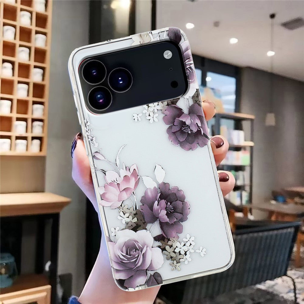 For iPhone 17 Pro Max Case Soft TPU Phone Back Cover Pattern Printing - Purple Peony
