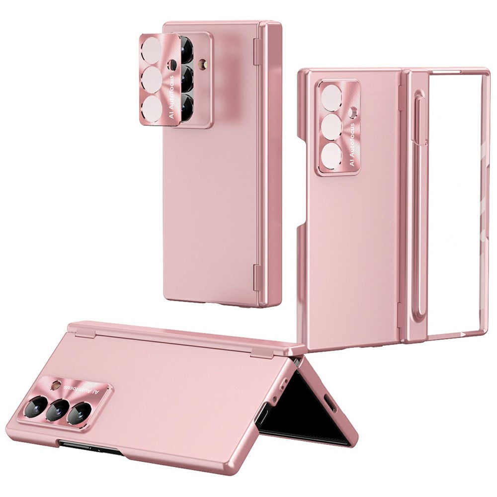 For Samsung Galaxy Z Fold7 5G Case Dual Hinge Electroplated PC Phone Cover with Tempered Glass Film / Stylus - Pink