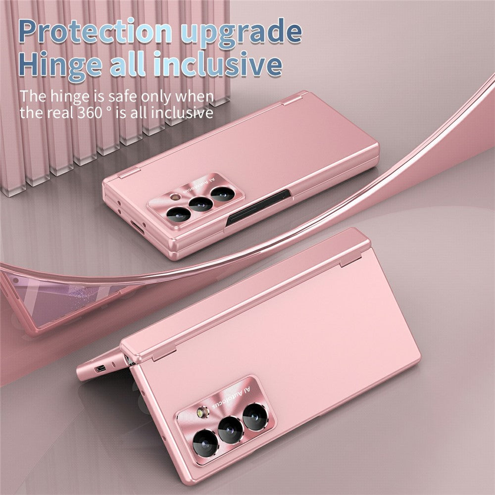 For Samsung Galaxy Z Fold7 5G Case Dual Hinge Electroplated PC Phone Cover with Tempered Glass Film / Stylus - Pink