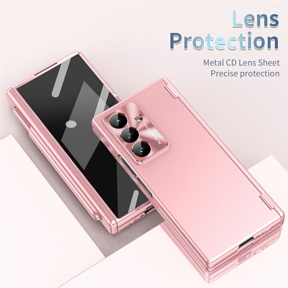 For Samsung Galaxy Z Fold7 5G Case Dual Hinge Electroplated PC Phone Cover with Tempered Glass Film / Stylus - Pink