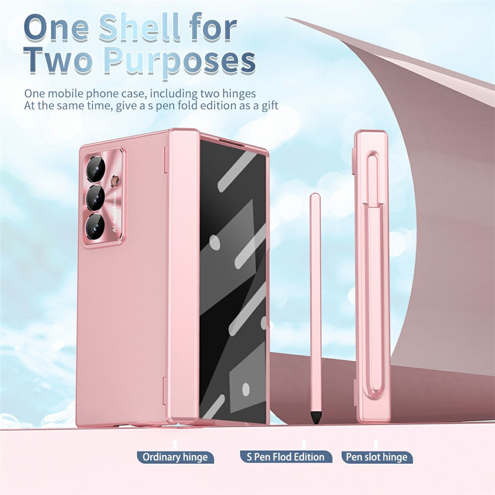 For Samsung Galaxy Z Fold7 5G Case Dual Hinge Electroplated PC Phone Cover with Tempered Glass Film / Stylus - Pink