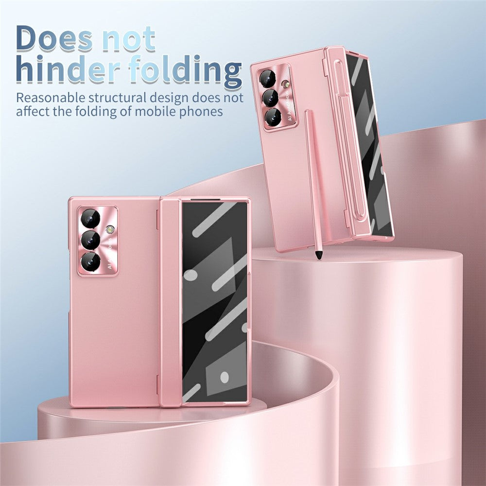 For Samsung Galaxy Z Fold7 5G Case Dual Hinge Electroplated PC Phone Cover with Tempered Glass Film / Stylus - Pink