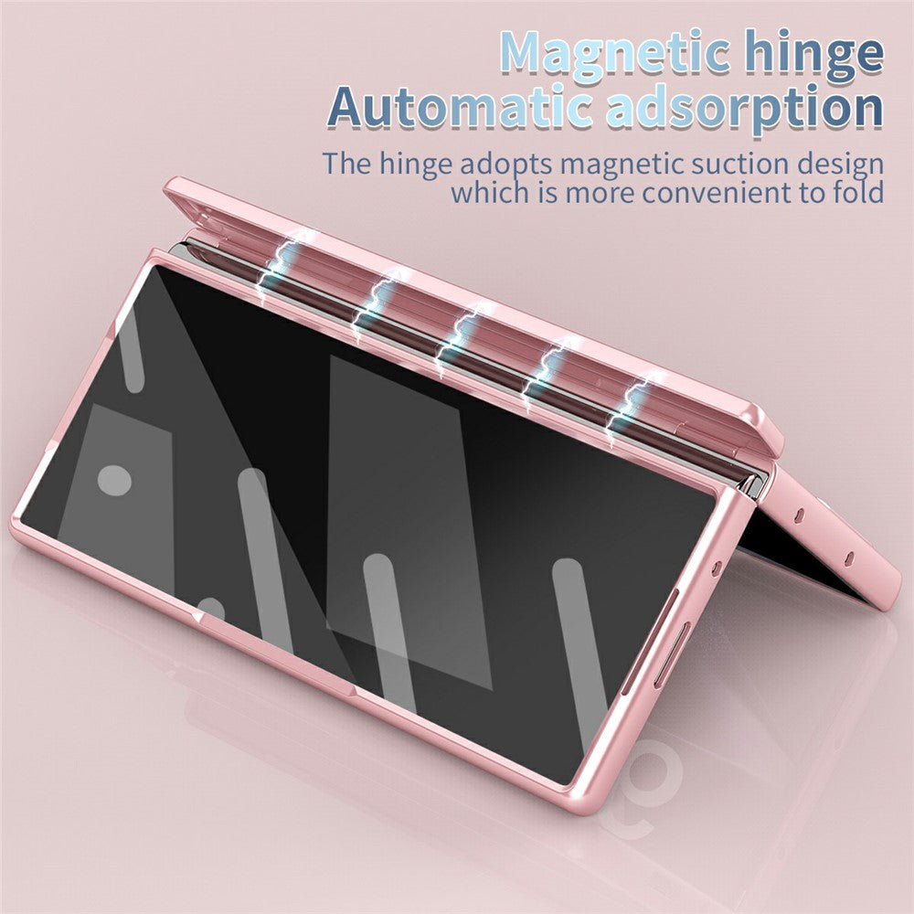 For Samsung Galaxy Z Fold7 5G Case Dual Hinge Electroplated PC Phone Cover with Tempered Glass Film / Stylus - Pink