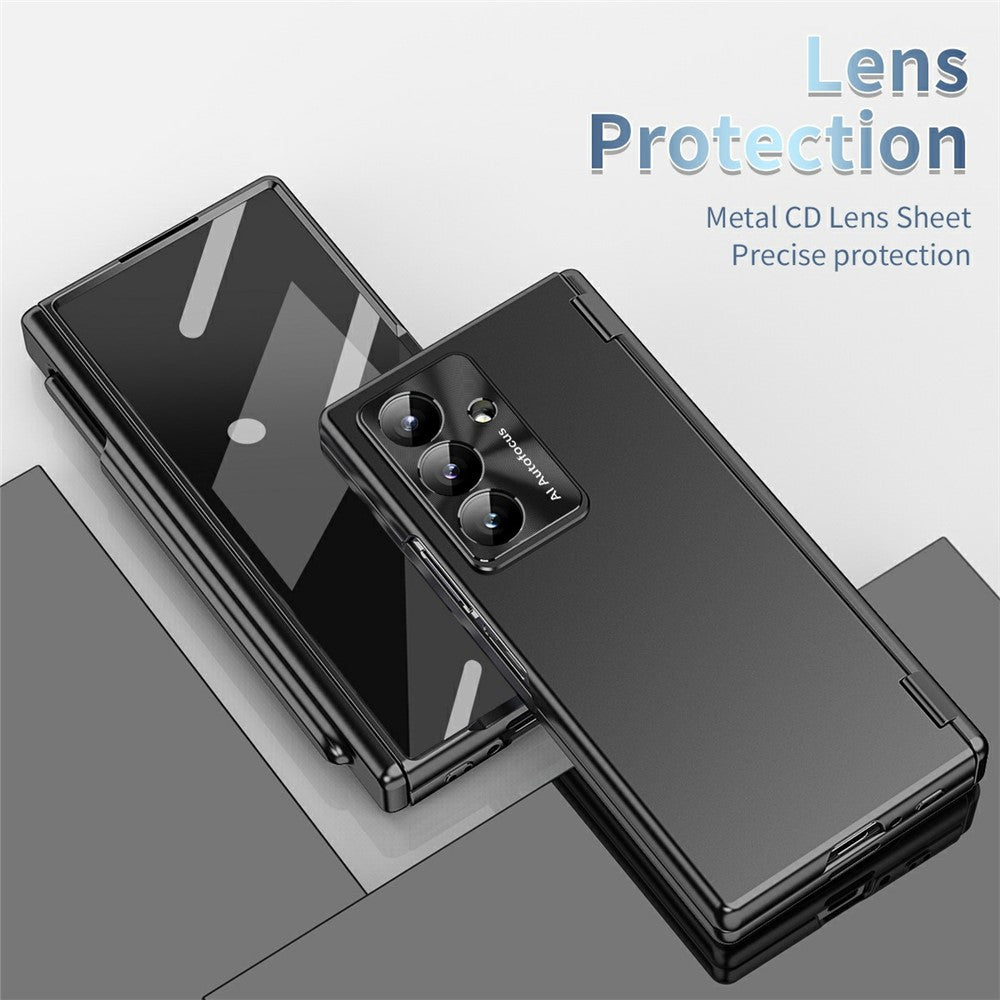 For Samsung Galaxy Z Fold7 5G Case Dual Hinge Electroplated PC Phone Cover with Tempered Glass Film / Stylus - Black