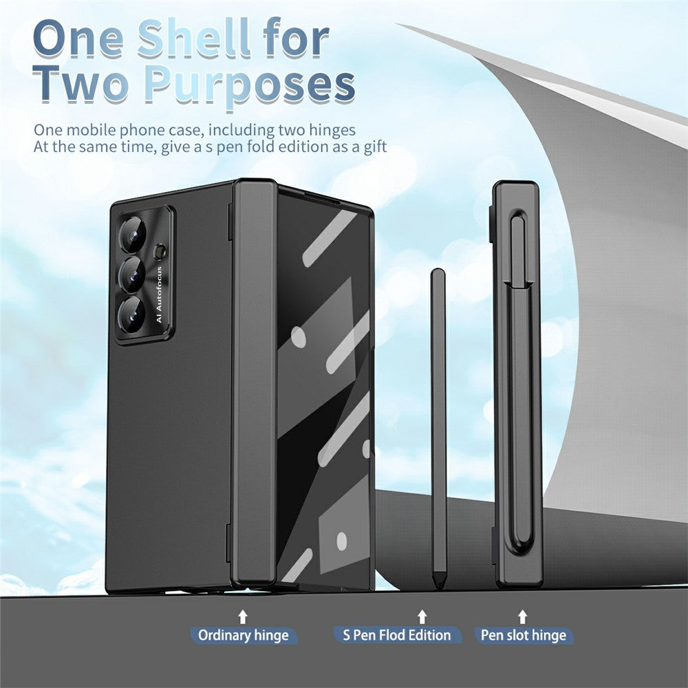 For Samsung Galaxy Z Fold7 5G Case Dual Hinge Electroplated PC Phone Cover with Tempered Glass Film / Stylus - Black
