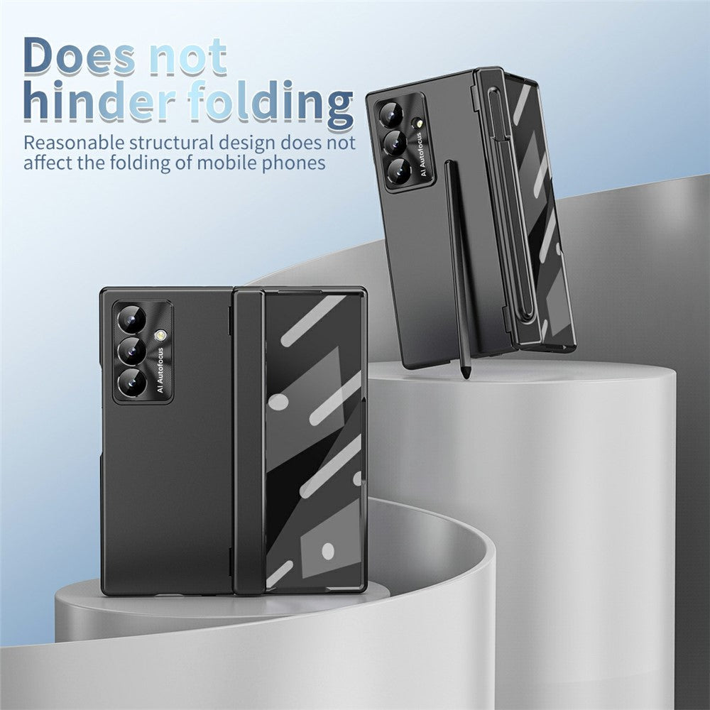 For Samsung Galaxy Z Fold7 5G Case Dual Hinge Electroplated PC Phone Cover with Tempered Glass Film / Stylus - Black