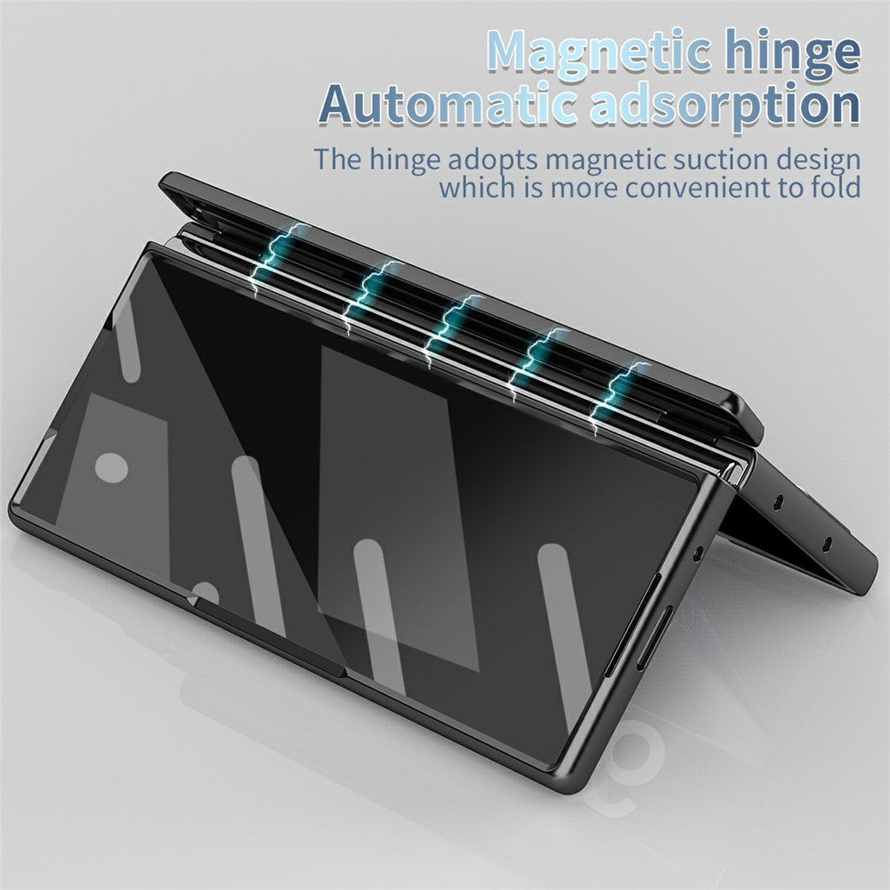 For Samsung Galaxy Z Fold7 5G Case Dual Hinge Electroplated PC Phone Cover with Tempered Glass Film / Stylus - Black