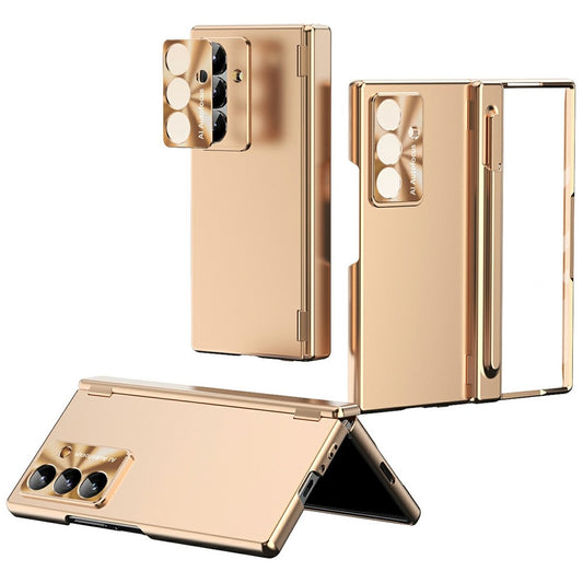 For Samsung Galaxy Z Fold7 5G Case Dual Hinge Electroplated PC Phone Cover with Tempered Glass Film / Stylus - Gold