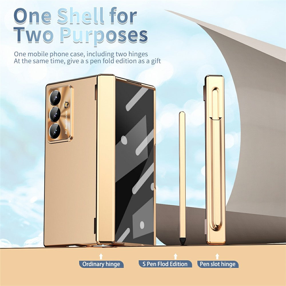For Samsung Galaxy Z Fold7 5G Case Dual Hinge Electroplated PC Phone Cover with Tempered Glass Film / Stylus - Gold