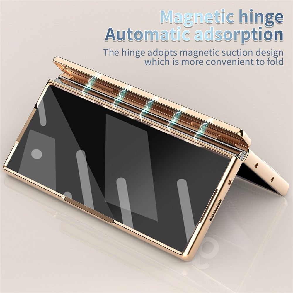 For Samsung Galaxy Z Fold7 5G Case Dual Hinge Electroplated PC Phone Cover with Tempered Glass Film / Stylus - Gold