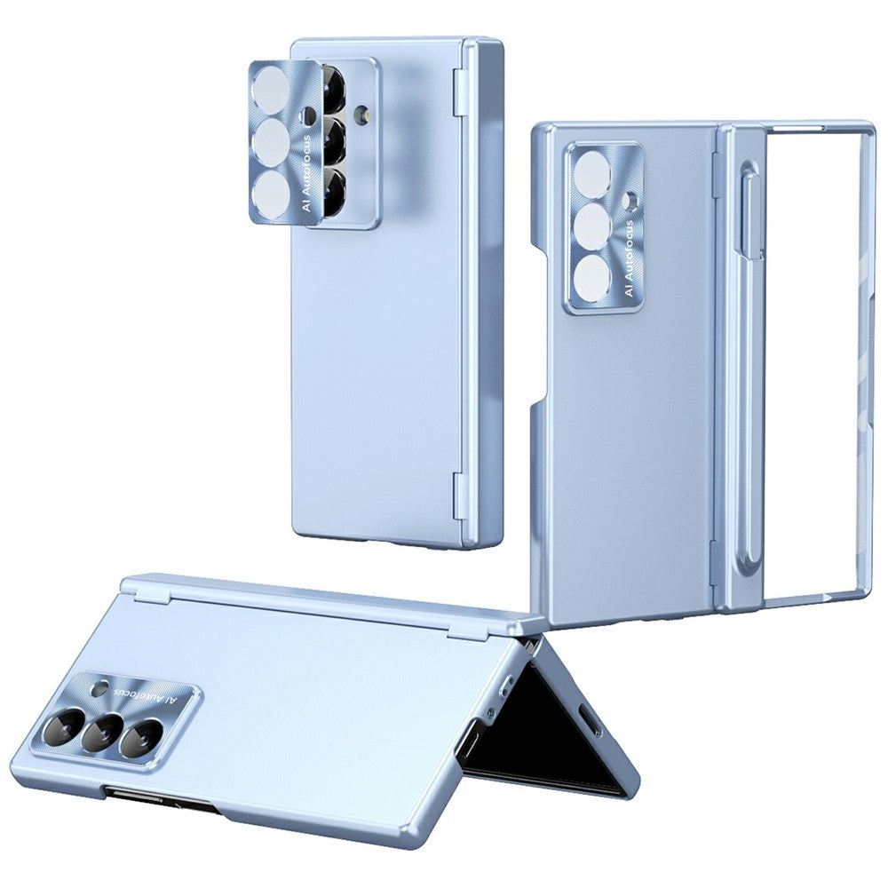 For Samsung Galaxy Z Fold7 5G Case Dual Hinge Electroplated PC Phone Cover with Tempered Glass Film / Stylus - Blue