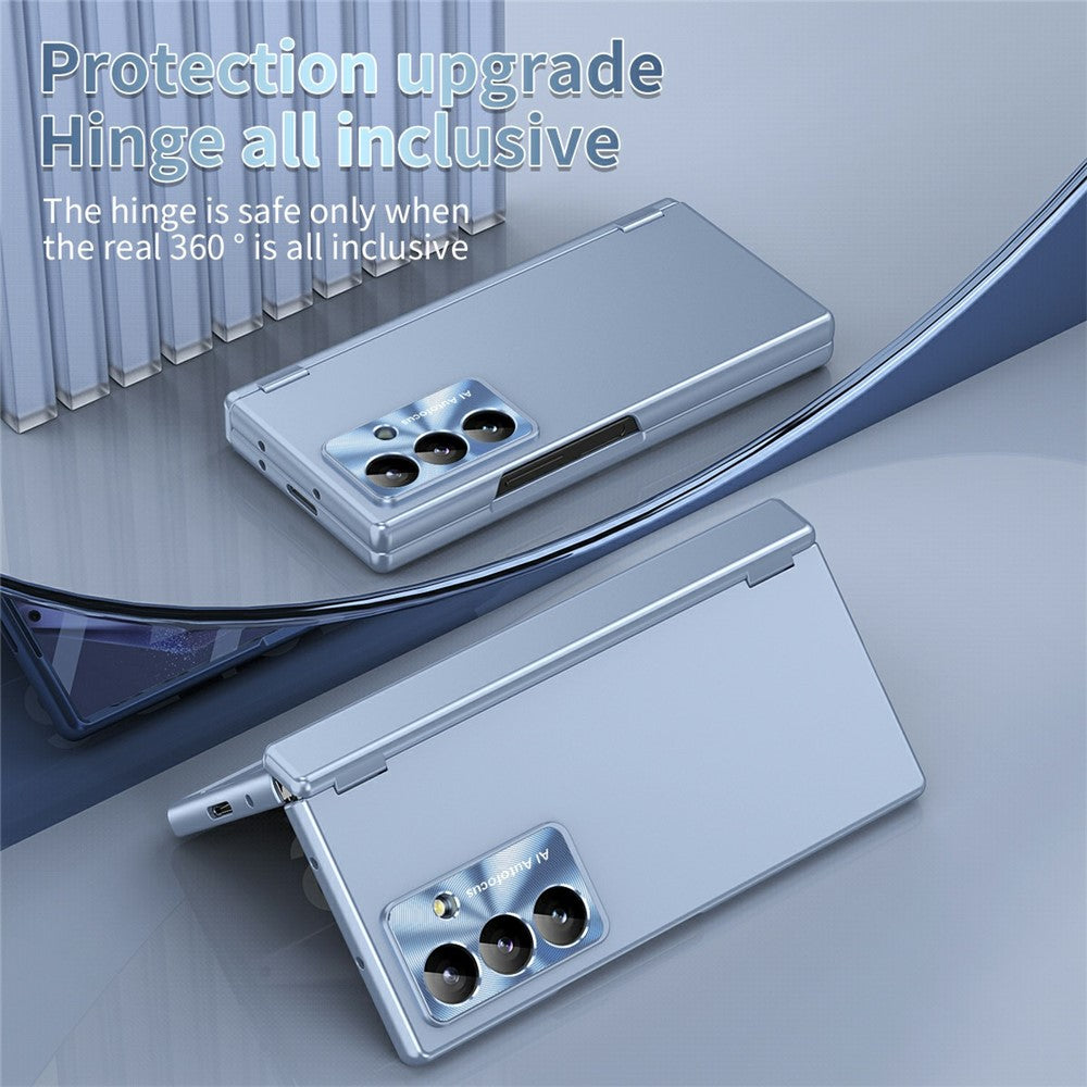 For Samsung Galaxy Z Fold7 5G Case Dual Hinge Electroplated PC Phone Cover with Tempered Glass Film / Stylus - Blue