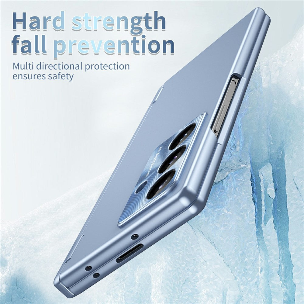 For Samsung Galaxy Z Fold7 5G Case Dual Hinge Electroplated PC Phone Cover with Tempered Glass Film / Stylus - Blue