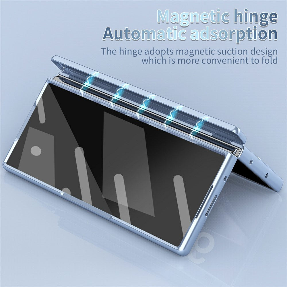 For Samsung Galaxy Z Fold7 5G Case Dual Hinge Electroplated PC Phone Cover with Tempered Glass Film / Stylus - Blue