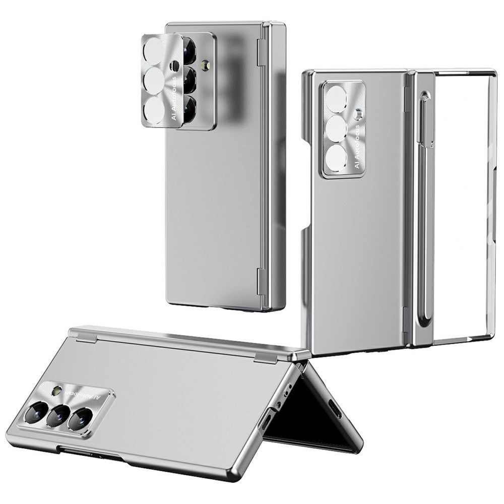 For Samsung Galaxy Z Fold7 5G Case Dual Hinge Electroplated PC Phone Cover with Tempered Glass Film / Stylus - Silver