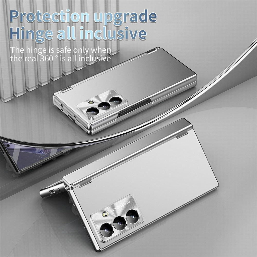 For Samsung Galaxy Z Fold7 5G Case Dual Hinge Electroplated PC Phone Cover with Tempered Glass Film / Stylus - Silver