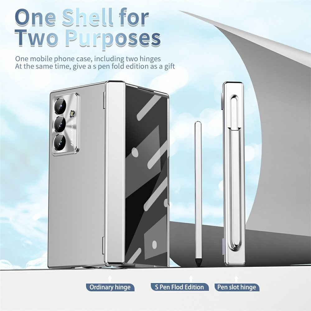 For Samsung Galaxy Z Fold7 5G Case Dual Hinge Electroplated PC Phone Cover with Tempered Glass Film / Stylus - Silver