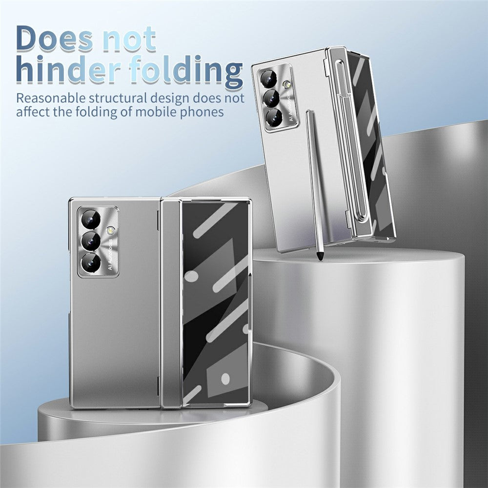 For Samsung Galaxy Z Fold7 5G Case Dual Hinge Electroplated PC Phone Cover with Tempered Glass Film / Stylus - Silver