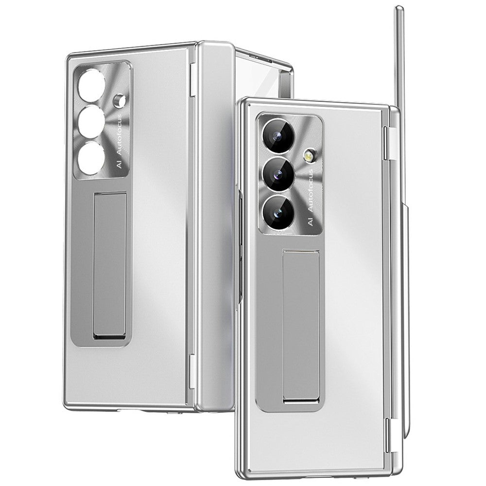 For Samsung Galaxy Z Fold7 5G Case Kickstand Dual Hinge Aluminum Alloy Phone Cover with Tempered Glass Front Film / Stylus - Silver
