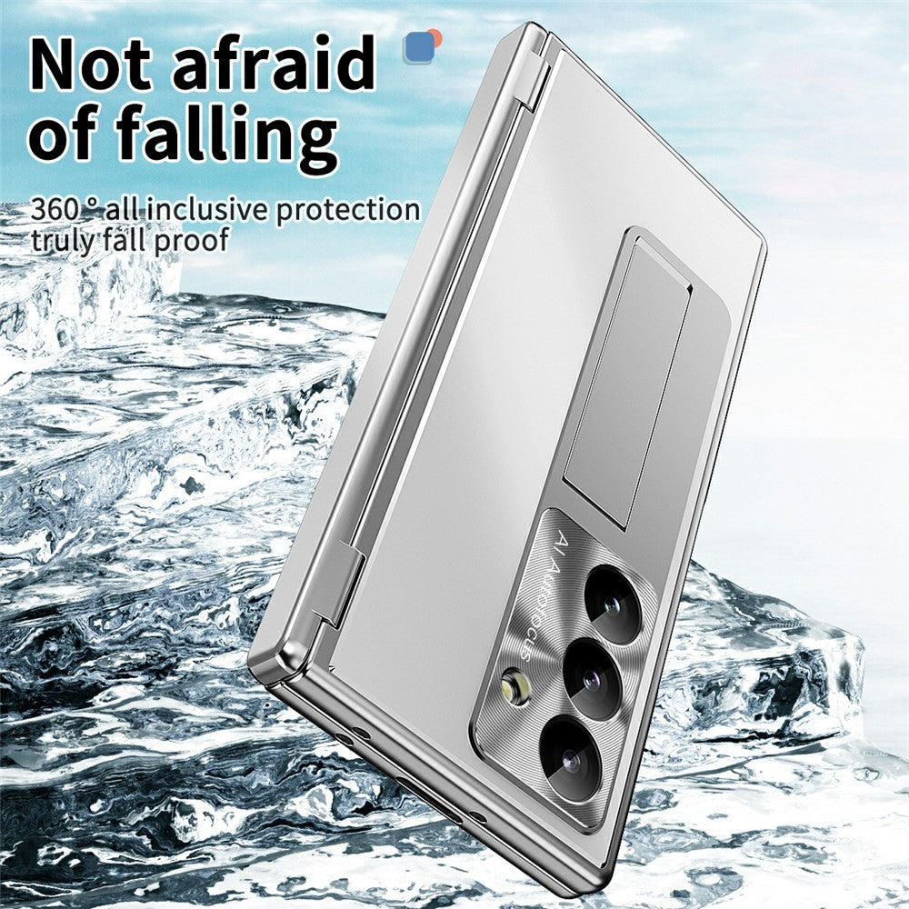 For Samsung Galaxy Z Fold7 5G Case Kickstand Dual Hinge Aluminum Alloy Phone Cover with Tempered Glass Front Film / Stylus - Silver