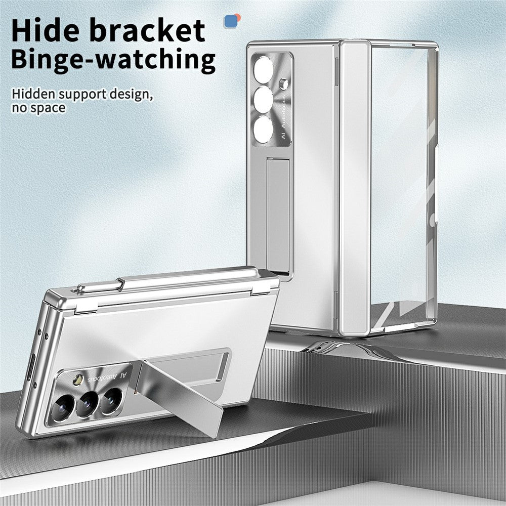For Samsung Galaxy Z Fold7 5G Case Kickstand Dual Hinge Aluminum Alloy Phone Cover with Tempered Glass Front Film / Stylus - Silver