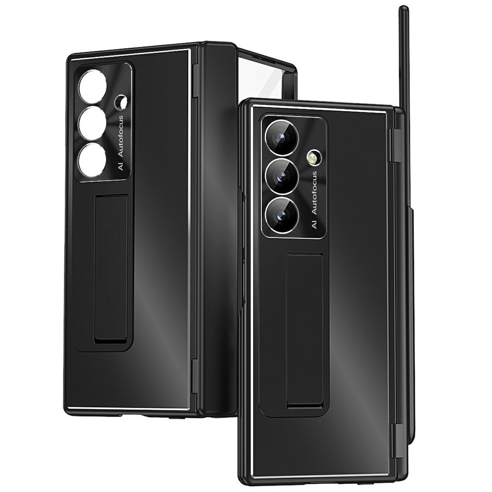 For Samsung Galaxy Z Fold7 5G Case Kickstand Dual Hinge Aluminum Alloy Phone Cover with Tempered Glass Front Film / Stylus - Black