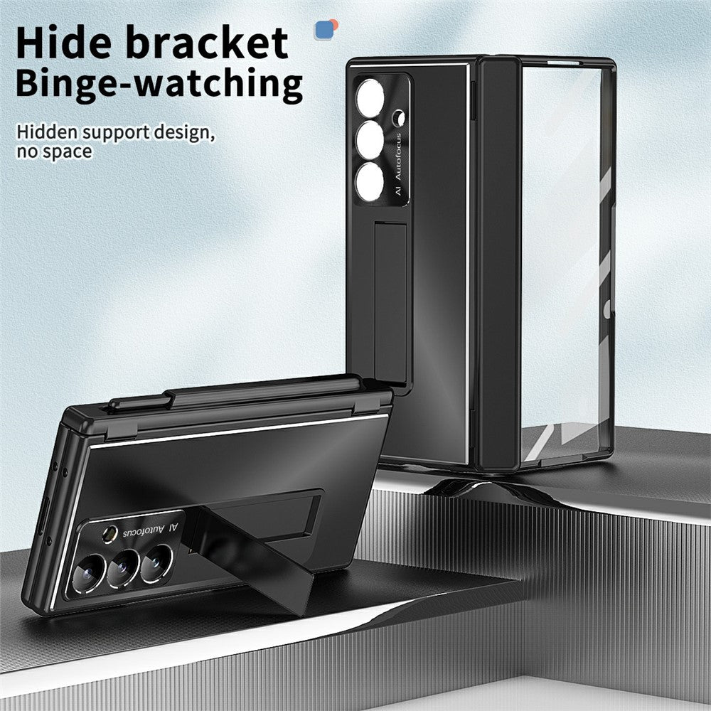 For Samsung Galaxy Z Fold7 5G Case Kickstand Dual Hinge Aluminum Alloy Phone Cover with Tempered Glass Front Film / Stylus - Black