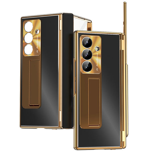 For Samsung Galaxy Z Fold7 5G Case Kickstand Dual Hinge Aluminum Alloy Phone Cover with Tempered Glass Front Film / Stylus - Gold + Black