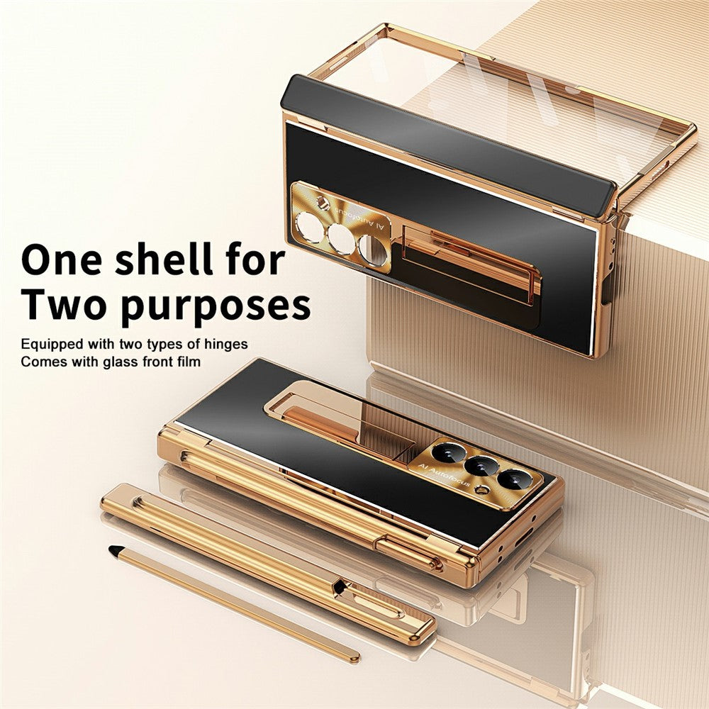 For Samsung Galaxy Z Fold7 5G Case Kickstand Dual Hinge Aluminum Alloy Phone Cover with Tempered Glass Front Film / Stylus - Gold + Black