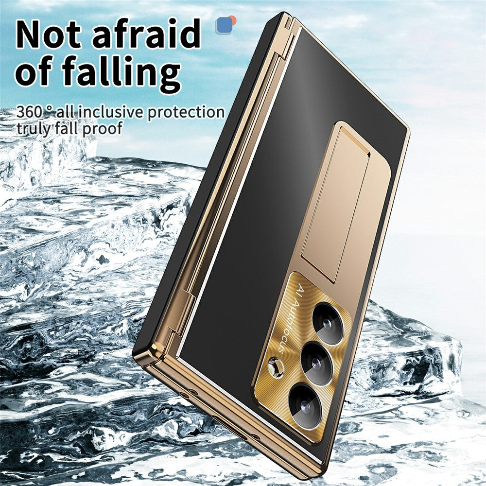 For Samsung Galaxy Z Fold7 5G Case Kickstand Dual Hinge Aluminum Alloy Phone Cover with Tempered Glass Front Film / Stylus - Gold + Black