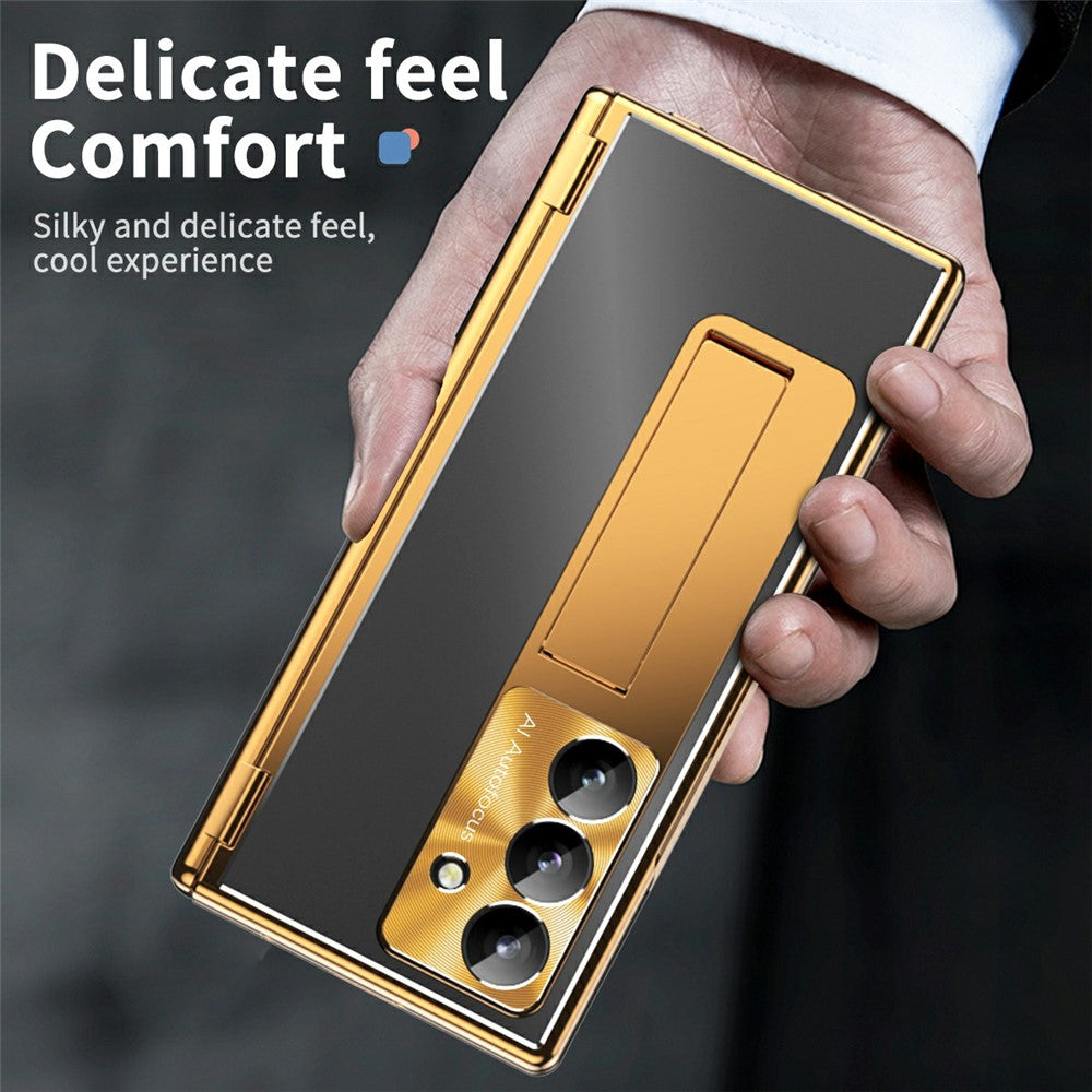 For Samsung Galaxy Z Fold7 5G Case Kickstand Dual Hinge Aluminum Alloy Phone Cover with Tempered Glass Front Film / Stylus - Gold + Black