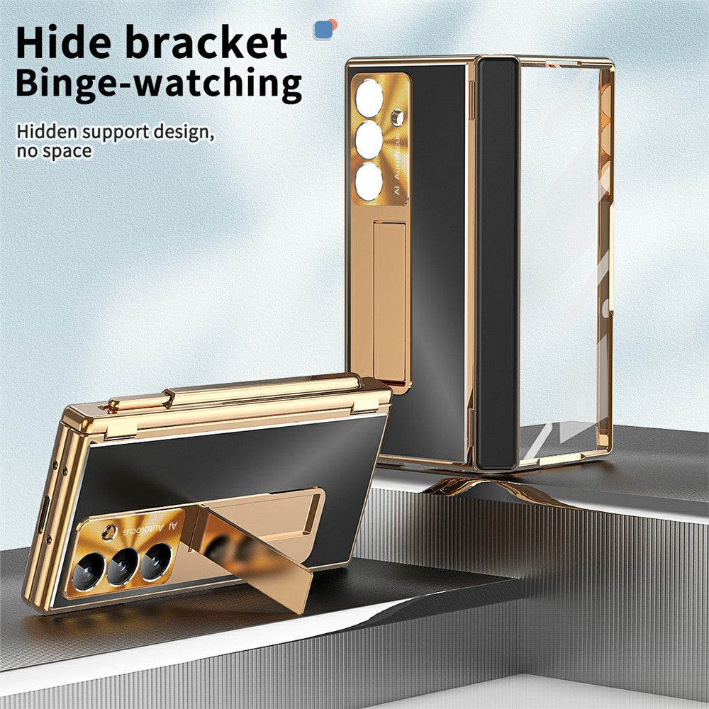 For Samsung Galaxy Z Fold7 5G Case Kickstand Dual Hinge Aluminum Alloy Phone Cover with Tempered Glass Front Film / Stylus - Gold + Black