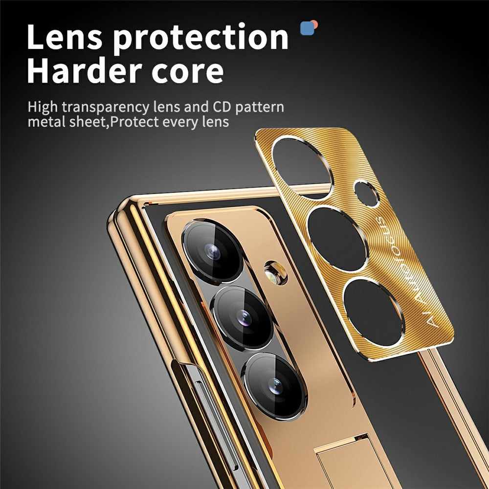 For Samsung Galaxy Z Fold7 5G Case Kickstand Dual Hinge Aluminum Alloy Phone Cover with Tempered Glass Front Film / Stylus - Gold + Black