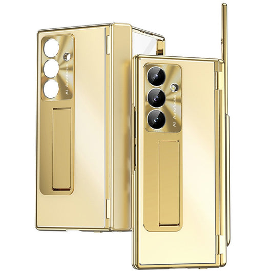 For Samsung Galaxy Z Fold7 5G Case Kickstand Dual Hinge Aluminum Alloy Phone Cover with Tempered Glass Front Film / Stylus - Gold