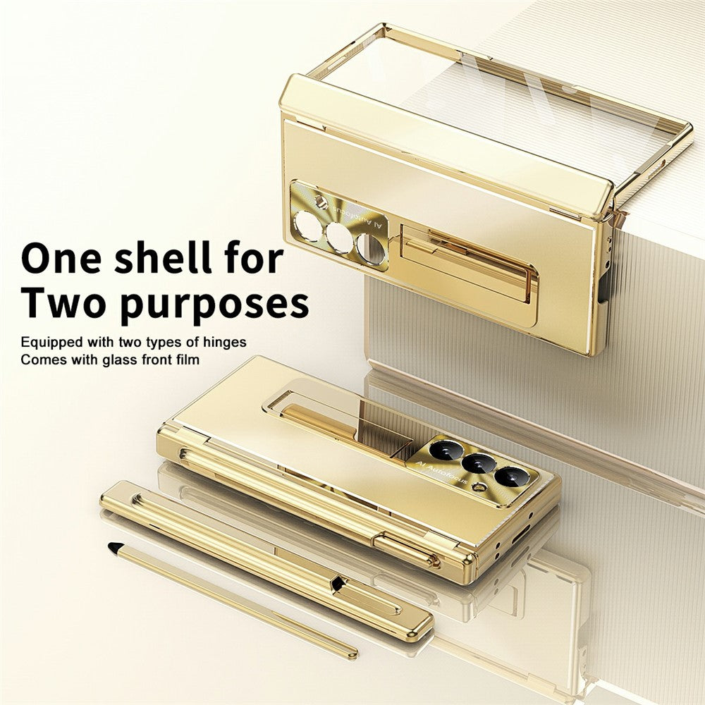 For Samsung Galaxy Z Fold7 5G Case Kickstand Dual Hinge Aluminum Alloy Phone Cover with Tempered Glass Front Film / Stylus - Gold