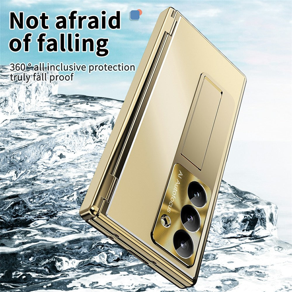For Samsung Galaxy Z Fold7 5G Case Kickstand Dual Hinge Aluminum Alloy Phone Cover with Tempered Glass Front Film / Stylus - Gold