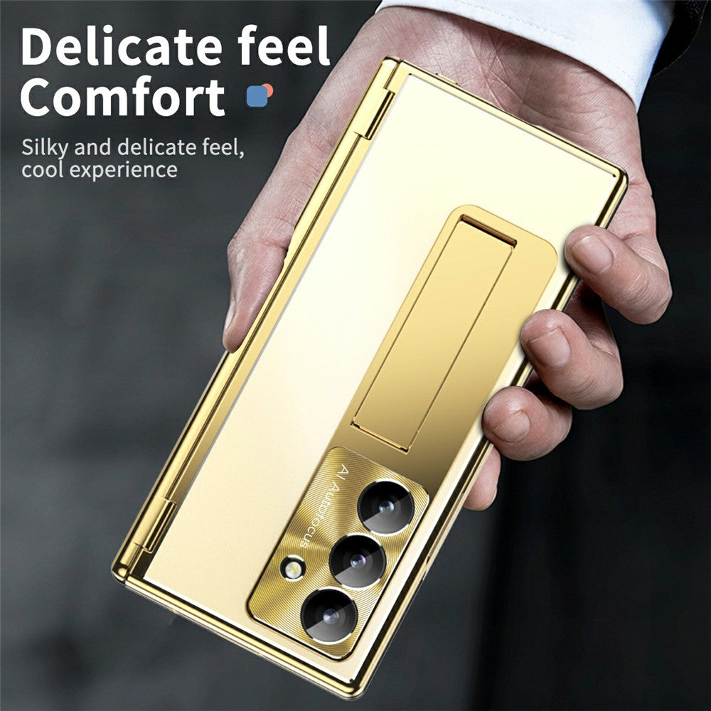 For Samsung Galaxy Z Fold7 5G Case Kickstand Dual Hinge Aluminum Alloy Phone Cover with Tempered Glass Front Film / Stylus - Gold