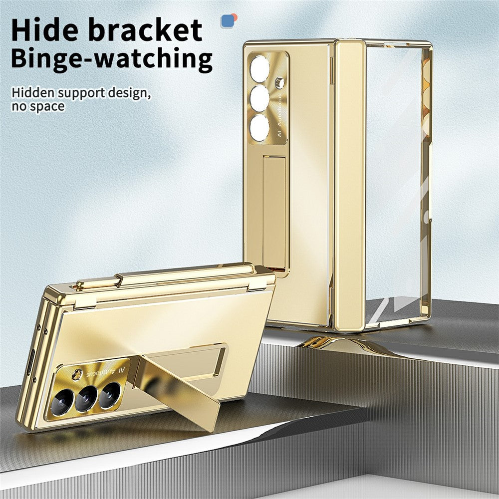 For Samsung Galaxy Z Fold7 5G Case Kickstand Dual Hinge Aluminum Alloy Phone Cover with Tempered Glass Front Film / Stylus - Gold