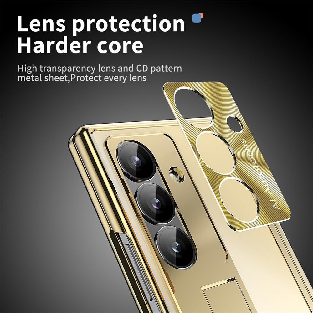 For Samsung Galaxy Z Fold7 5G Case Kickstand Dual Hinge Aluminum Alloy Phone Cover with Tempered Glass Front Film / Stylus - Gold