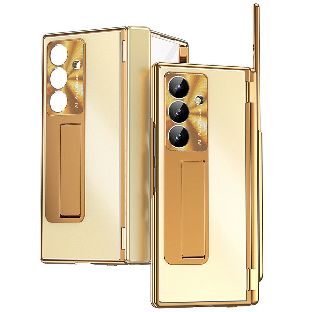 For Samsung Galaxy Z Fold7 5G Case Kickstand Dual Hinge Aluminum Alloy Phone Cover with Tempered Glass Front Film / Stylus - Gold + Gold