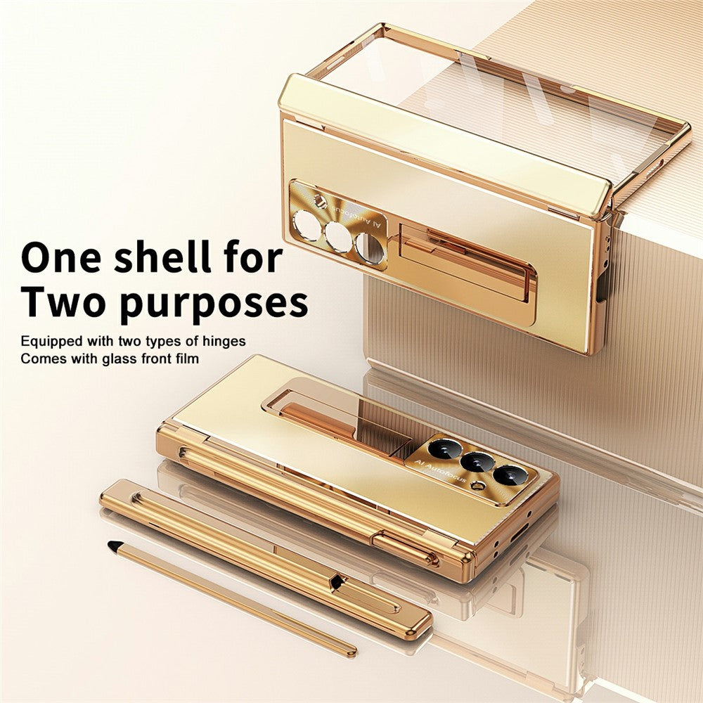 For Samsung Galaxy Z Fold7 5G Case Kickstand Dual Hinge Aluminum Alloy Phone Cover with Tempered Glass Front Film / Stylus - Gold + Gold