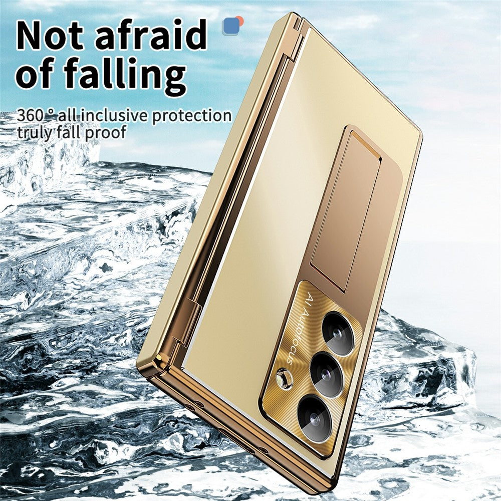 For Samsung Galaxy Z Fold7 5G Case Kickstand Dual Hinge Aluminum Alloy Phone Cover with Tempered Glass Front Film / Stylus - Gold + Gold