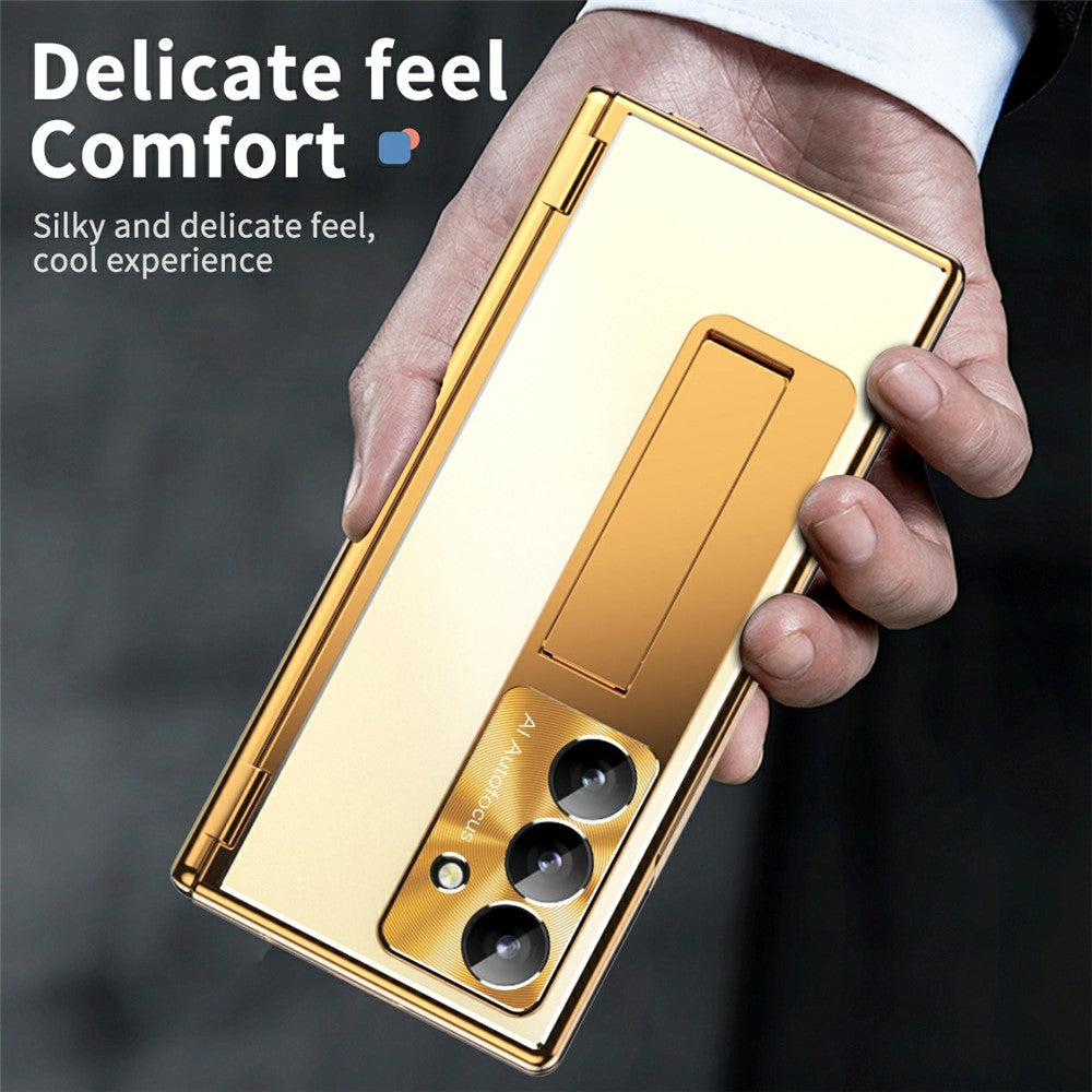 For Samsung Galaxy Z Fold7 5G Case Kickstand Dual Hinge Aluminum Alloy Phone Cover with Tempered Glass Front Film / Stylus - Gold + Gold