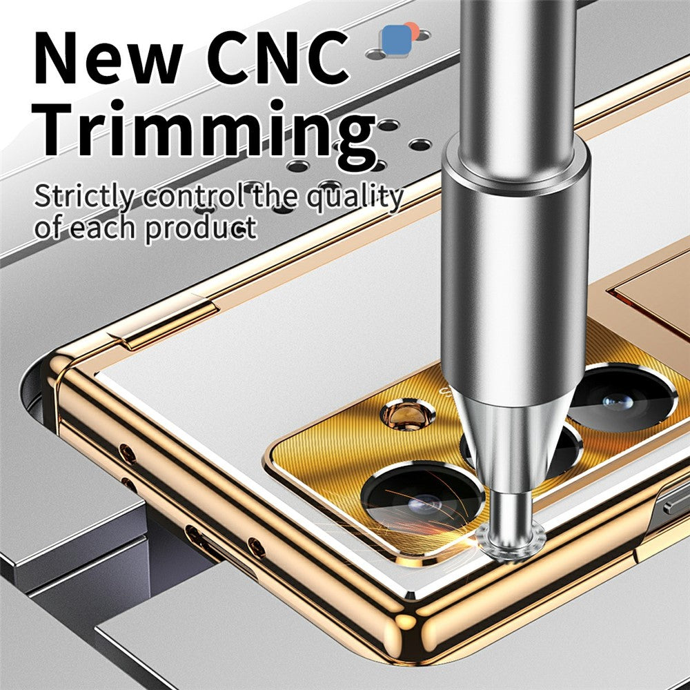 For Samsung Galaxy Z Fold7 5G Case Kickstand Dual Hinge Aluminum Alloy Phone Cover with Tempered Glass Front Film / Stylus - Gold + Silver